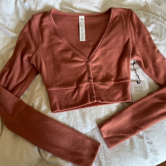 Alo Yoga Alolux Cropped Me Time Cardigan Sweater Top Button Down Soft Terracotta - Picture 5 of 11